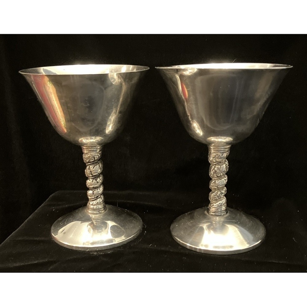 Set Of 2 VTG Silver Tone Twisted Stem Wine Goblets Valero Spain Polished Barware